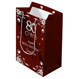 Chic Silver Floral Frame Burgundy 80th Birthday Medium Gift Bag