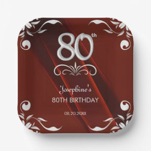 Chic Silver Floral Frame Burgundy 80th Birthday Paper Plate