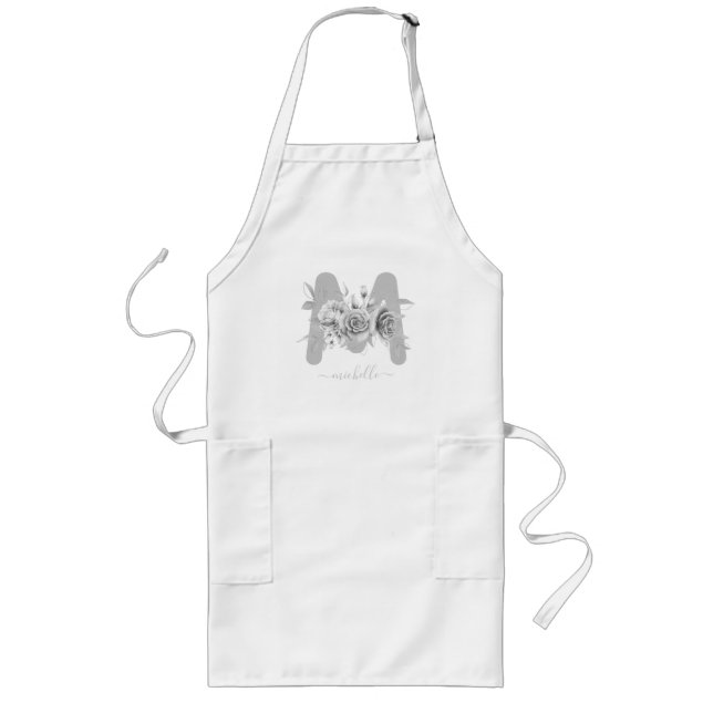 Chic Silver Floral Watercolor Monogram Long Apron (Front)