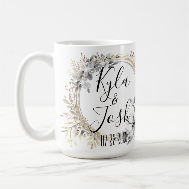 Chic Silver Floral Wreath Wedding Personalised  Coffee Mug (Left)