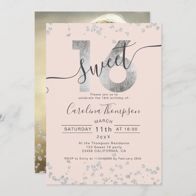 Chic silver foil confetti blush Sweet 16 photo Invitation (Front/Back)