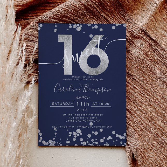 Chic silver foil confetti navy blue Sweet 16 photo Invitation (Creator Uploaded)