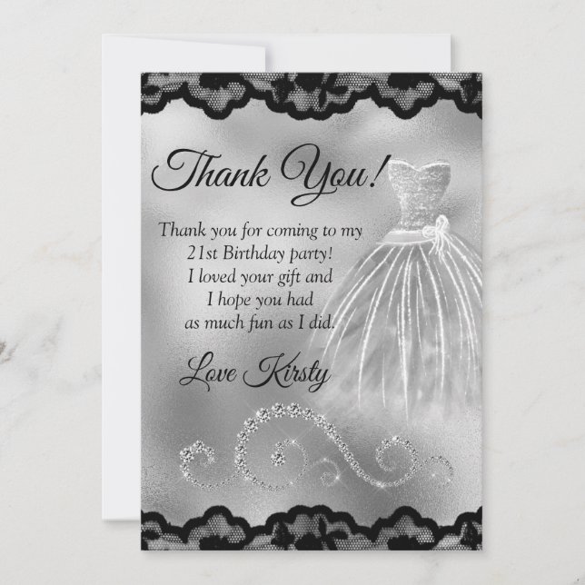 Chic Silver Foil Diamonds Any Age Birthday  Thank You Card (Front)