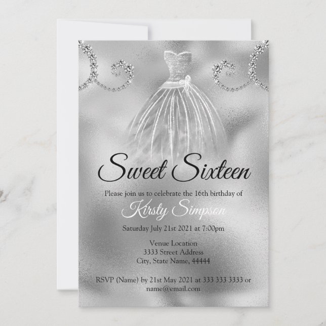 Chic Silver Foil Diamonds Sweet Sixteen Party  Invitation (Front)