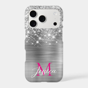 Chic Silver Foil Faux Glitter Hot Pink Monogram
