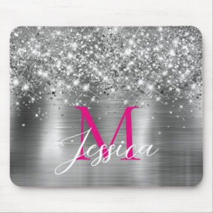 Chic Silver Foil Faux Glitter Hot Pink Monogram Mouse Pad