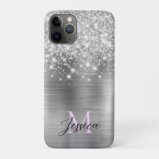 Chic Silver Foil Faux Glitter Lilac Monogram Case-Mate iPhone Case (Back)