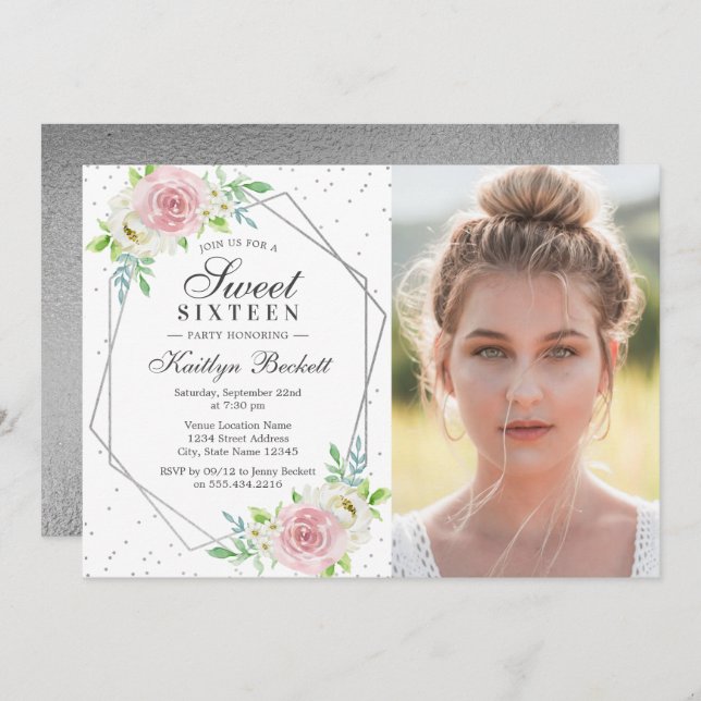 Chic Silver Foil Floral Photo Sweet 16 Birthday Invitation (Front/Back)