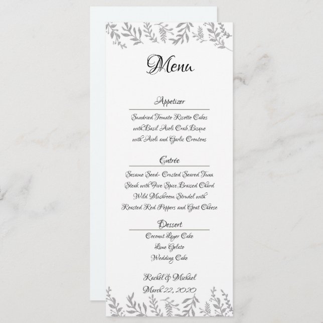 Chic Silver Foil Leaves Reception Menu Card (Front/Back)