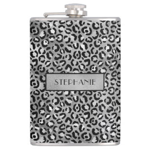 Chic Silver Foil Leopard Print Personalised Hip Flask