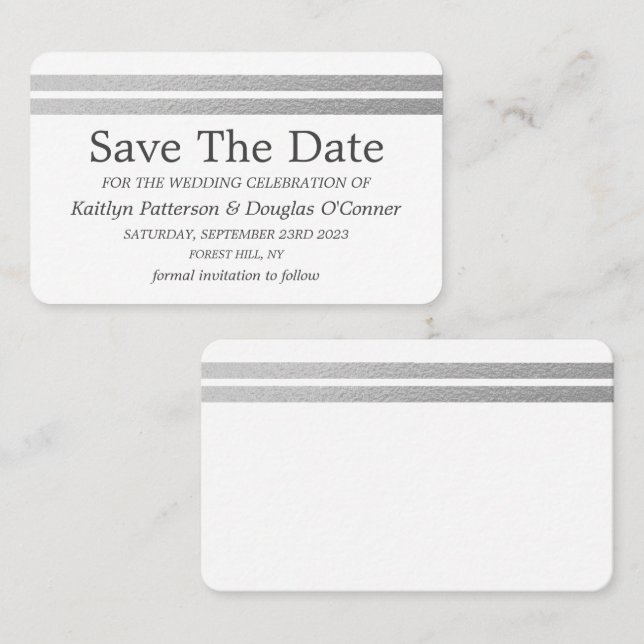 Chic Silver Foil Stripes Save The Date Card (Front/Back)