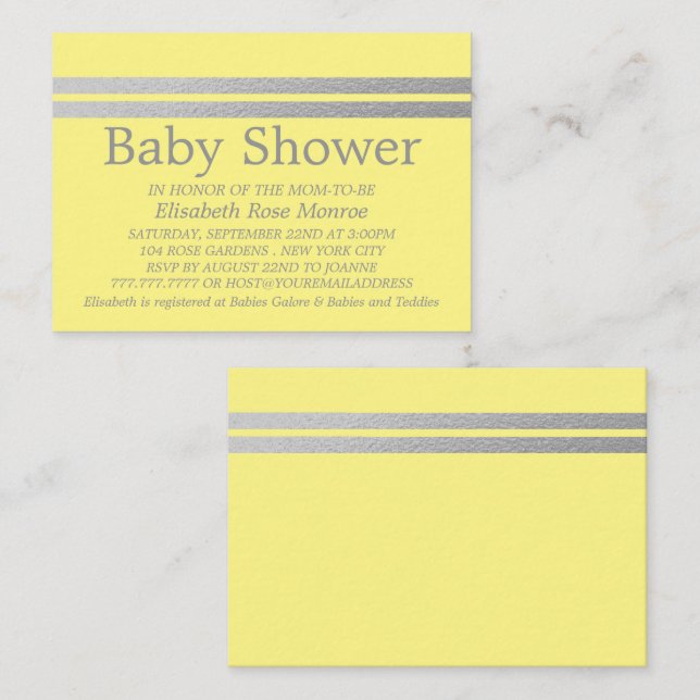 Chic Silver Foil Stripes Yellow Baby Shower Ticket (Front/Back)