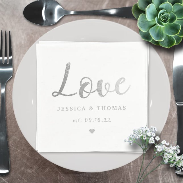 Chic Silver Foil Typography Script Love Wedding Napkin (Creator Uploaded)