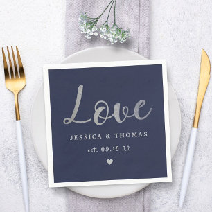 Chic Silver Foil Typography Script Love Wedding Napkin