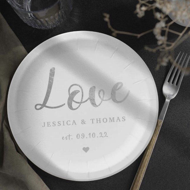 Chic Silver Foil Typography Script Love Wedding Paper Plate (Creator Uploaded)
