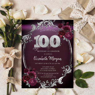 Chic Silver Frame Burgundy Roses 100th Birthday Invitation
