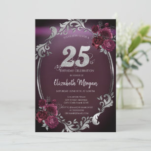 Chic Silver Frame Burgundy Roses 25th Birthday Invitation