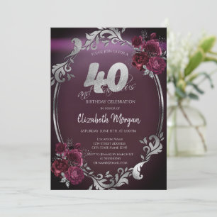Chic Silver Frame Burgundy Roses 40th Birthday Invitation