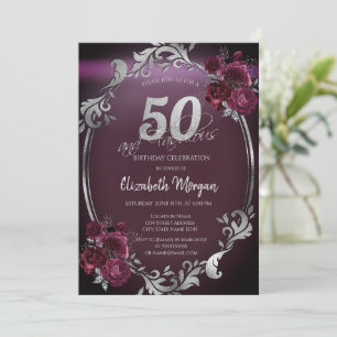 Chic Silver Frame Burgundy Roses 50th Birthday Invitation