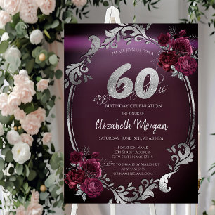 Chic Silver Frame Burgundy Roses 60th Birthday Invitation