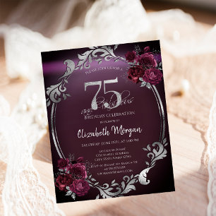 Chic Silver Frame Burgundy Roses 75th Birthday Invitation
