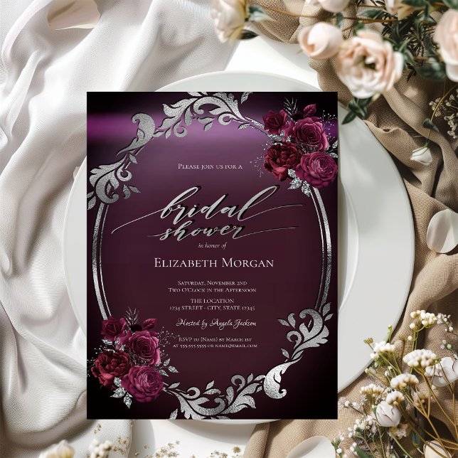 Chic Silver Frame Burgundy Roses Bridal Shower  Invitation (Creator Uploaded)