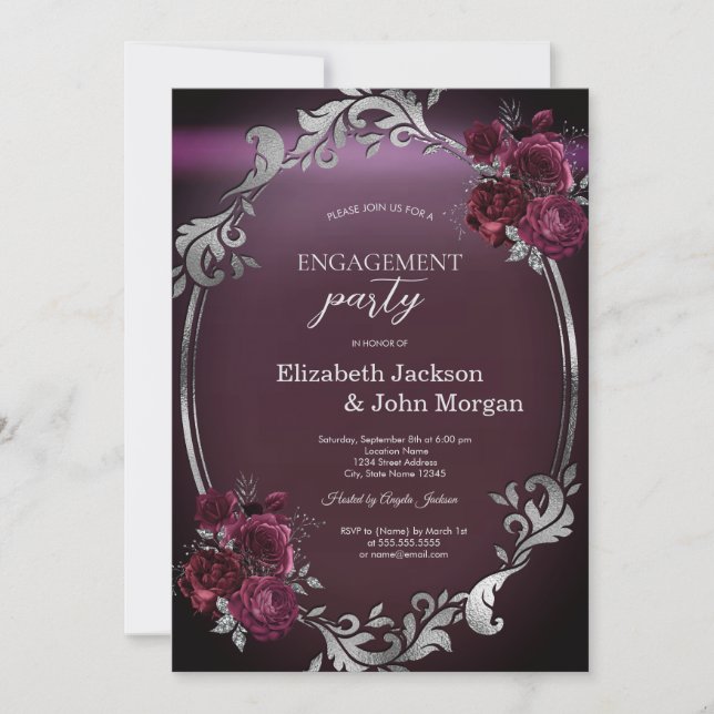 Chic Silver Frame Burgundy Roses Engagement   Invitation (Front)
