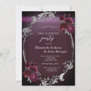 Chic Silver Frame Burgundy Roses Engagement   Invitation