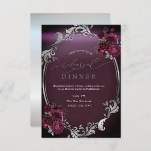 Chic Silver Frame Burgundy Roses Rehearsal Dinner Invitation