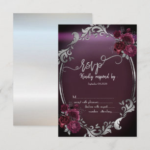 Chic Silver Frame Burgundy Roses RSVP Invitation