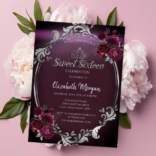 Chic Silver Frame Burgundy Roses Sweet 16 Invitation