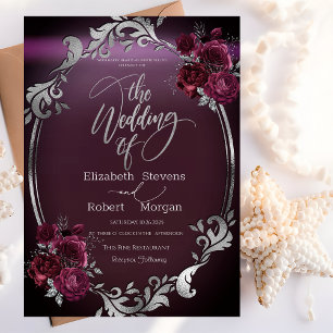 Chic Silver Frame Burgundy Roses Wedding Invitation