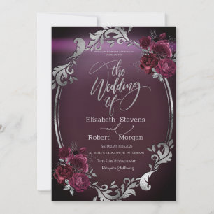 Chic Silver Frame Burgundy Roses Wedding  Invitation