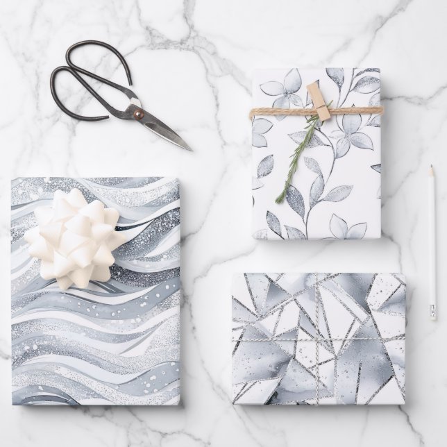 Chic Silver Glam Abstract and Floral Birthday Wrapping Paper Sheet (Front)