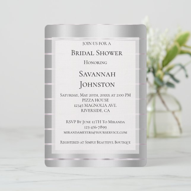 Chic Silver Glam Ribbon Bridal Shower Invitation (Standing Front)