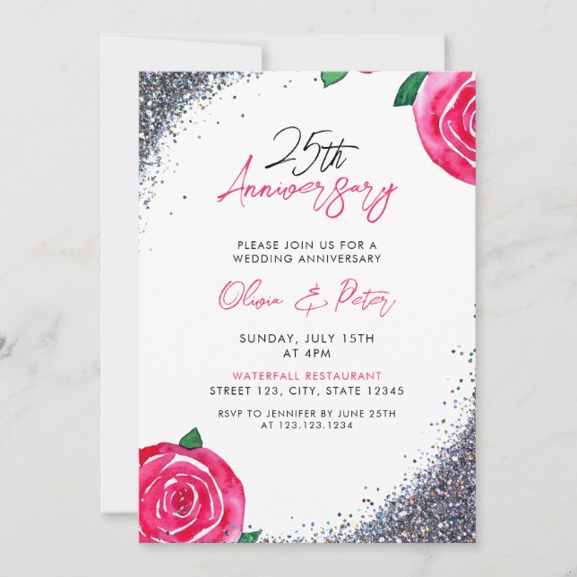 Chic Silver Glitter 25th Wedding Anniversary Invitation (Front)