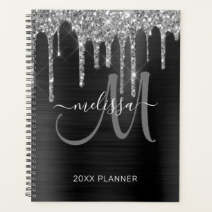 Chic Silver Glitter Black Brushed Metal 2022 Planner
