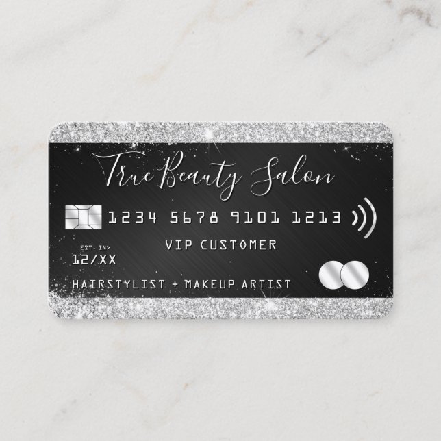 Chic Silver Glitter Black Metallic Credit Style Bu Business Card (Front)