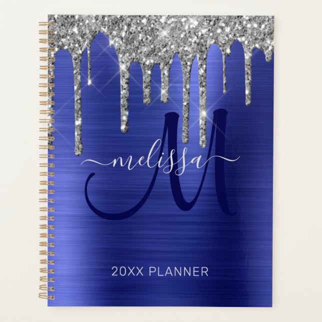 Chic Silver Glitter Cobalt Blue Brushed Metal 2024 Planner (Front)