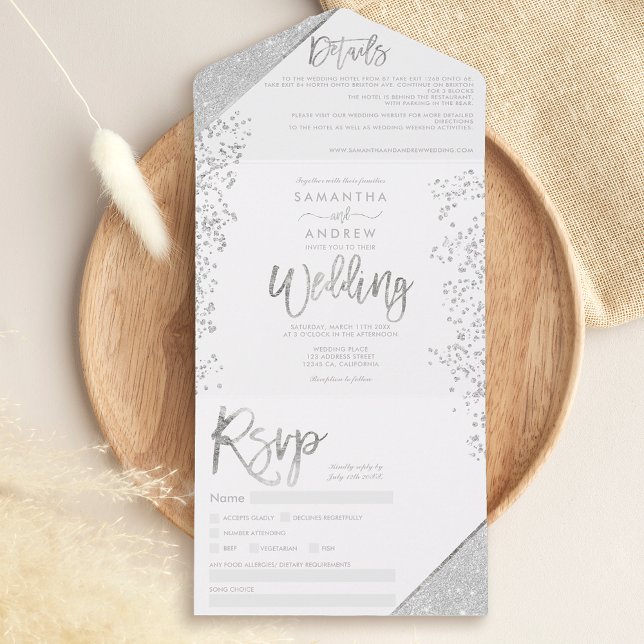 Chic silver glitter confetti white wedding all in one invitation (Creator Uploaded)