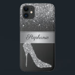 Chic Silver Glitter Diamond High Heel Shoe Name iPhone 11 Case<br><div class="desc">Protect your phone in style with this chic glitter and glam phone case. This elegant design template features a high-heeled shoe made of white diamonds on a black background. Above is a stripe of silver metallic texture with your name to personalise accented by a sprinkling of silver glitter and sparkly...</div>