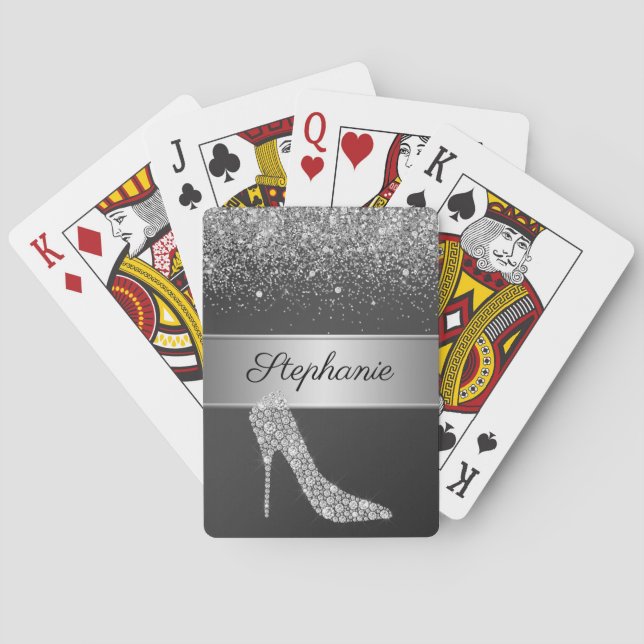 Chic Silver Glitter Diamond High Heel Shoe Name Playing Cards (Back)