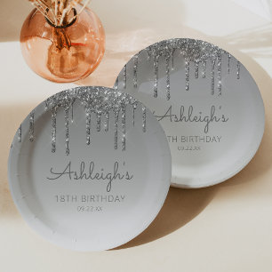 Chic Silver Glitter Drip 18th Birthday Party Paper Plate