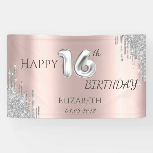 Chic Silver Glitter Drips 16th Birthday   Banner (Horizontal)