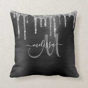 Chic Silver Glitter Drips Brushed Metallic Name Cushion