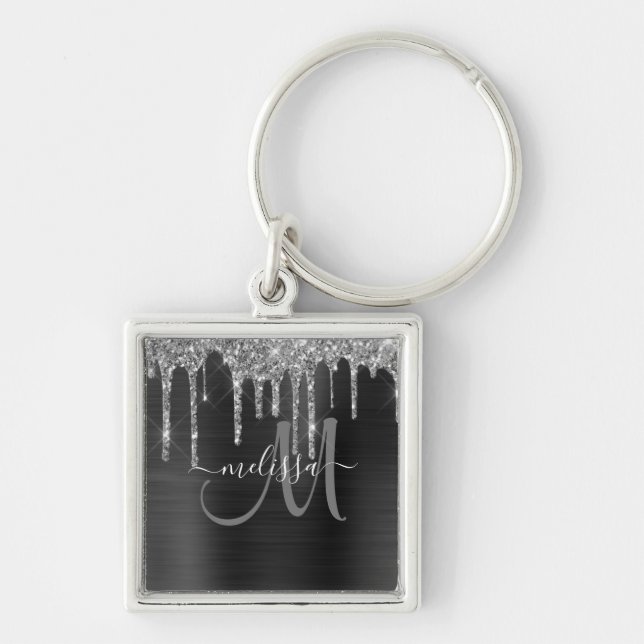 Chic Silver Glitter Drips Brushed Metallic Name Key Ring (Front)