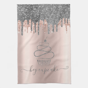 Chic Silver Glitter Drips Cupcake Rose Gold Tea Towel