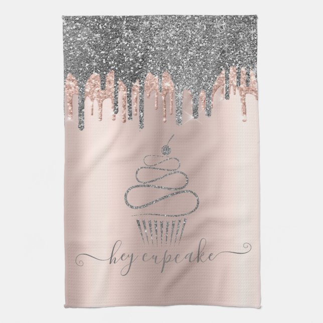 Chic Silver Glitter Drips Cupcake Rose Gold Tea Towel (Vertical)