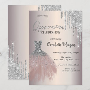 Chic Silver Glitter Drips Dress Quinceañera Invitation