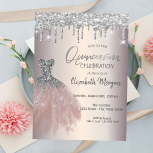 Chic Silver Glitter Drips,Dress Quinceañera Invitation